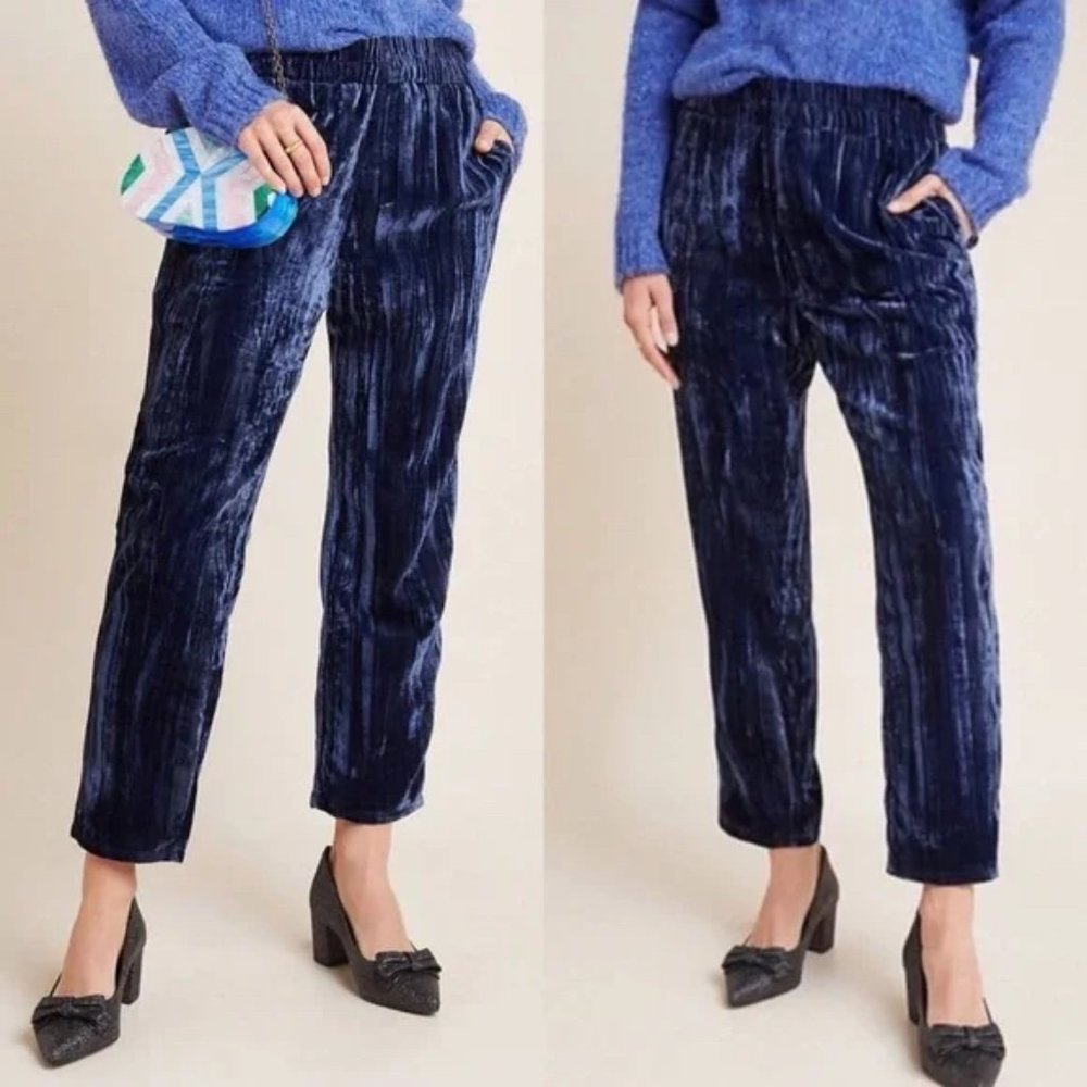 Anthropologie Tina + Jo Josephine Deep Blue Crushed Velvet Ribbed Pants
